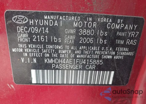 2015 Hyundai Elantra Se z USA, uszkodzony, nr VIN KMHDH4AE1FU415885